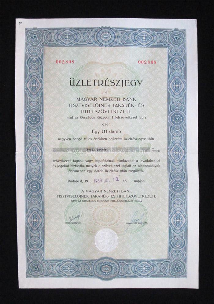 Magyar Nemzeti Bank zletrszjegy 40 peng 1939